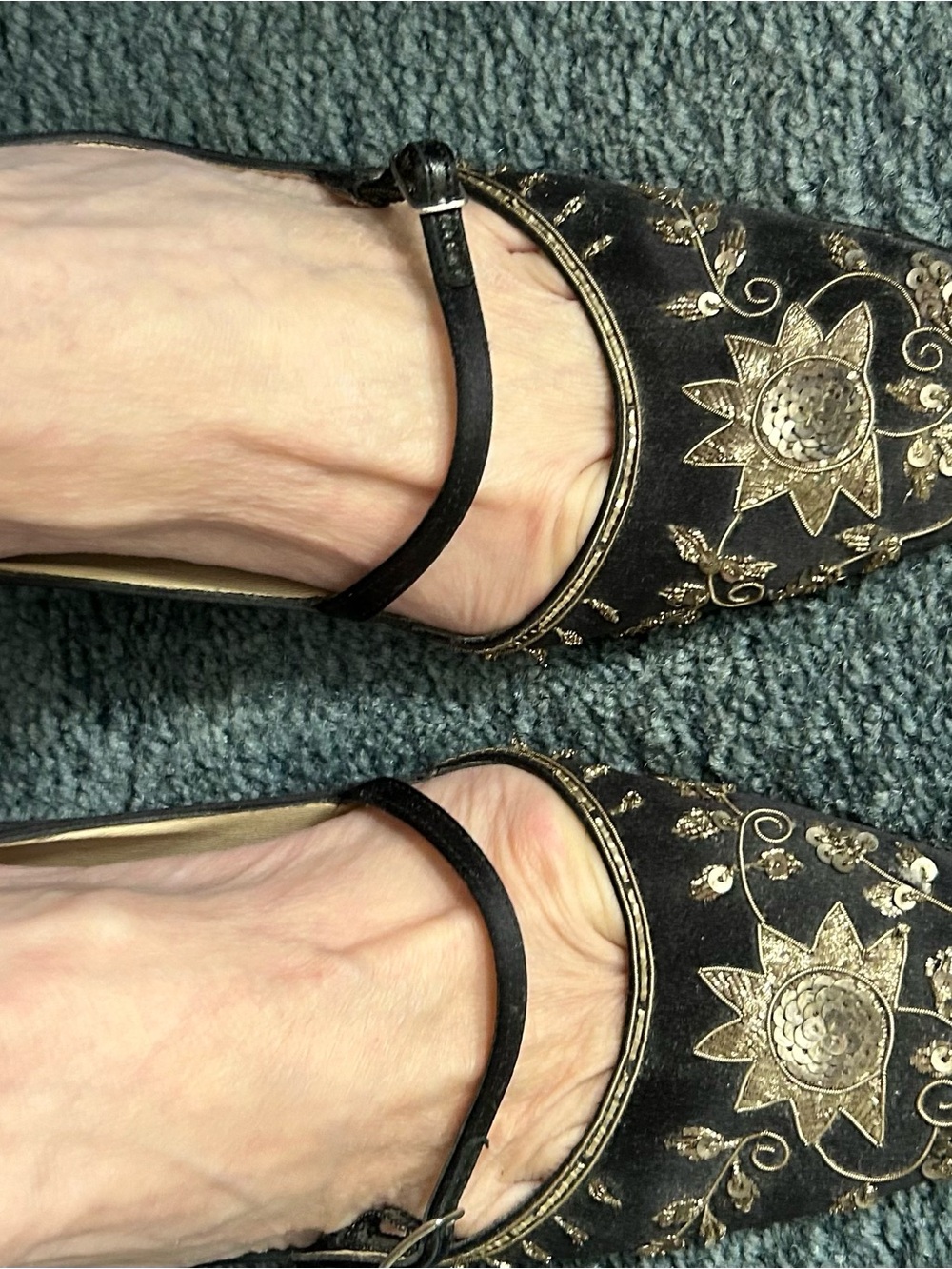 Black and Gold Embroidered Pointed Mary Jane Flats - Women